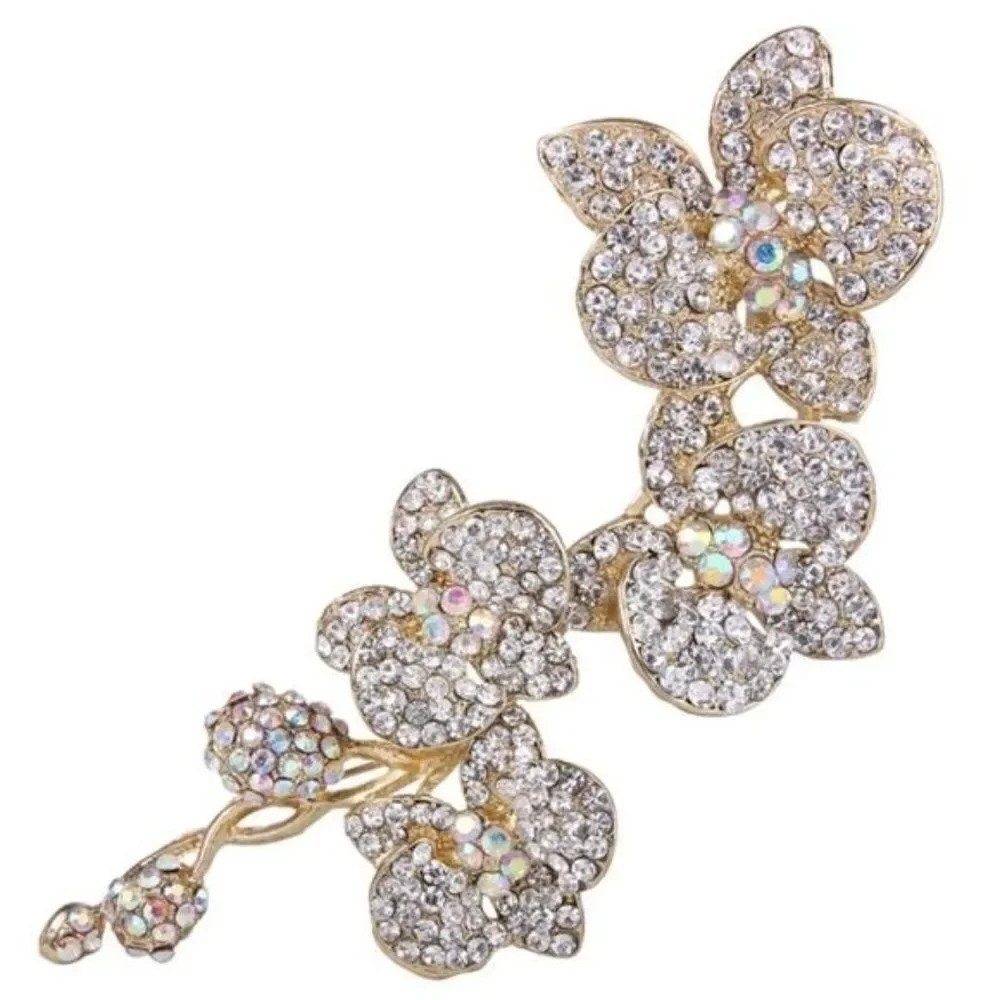 Long Yellow Gold with White Diamond Austrian Crystal Orchid Flower Brooch